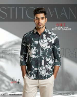 Exclusive Floral Cotton Print Shirt Teal & White